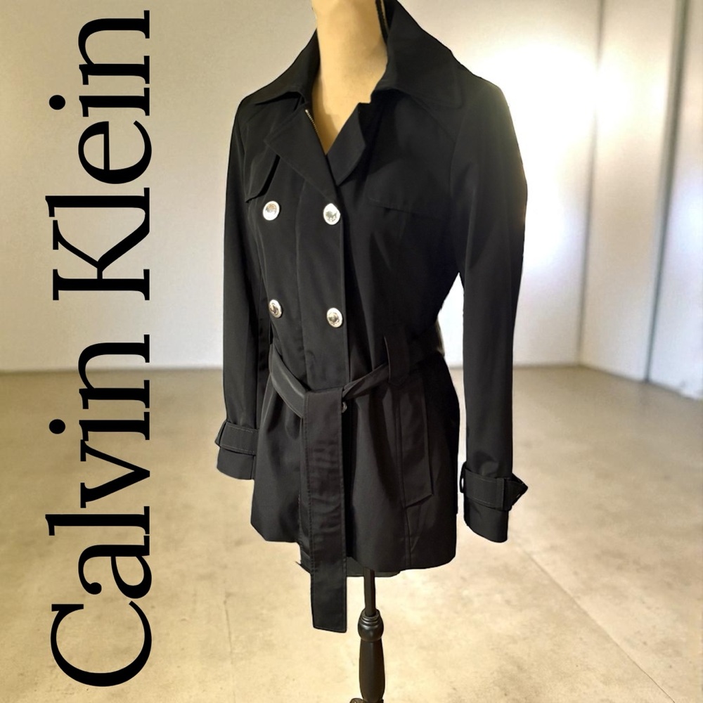 Calvin Klein-Classy black trench coat. Size small. Silver details/Hood. Like new - Picture 15 of 16
